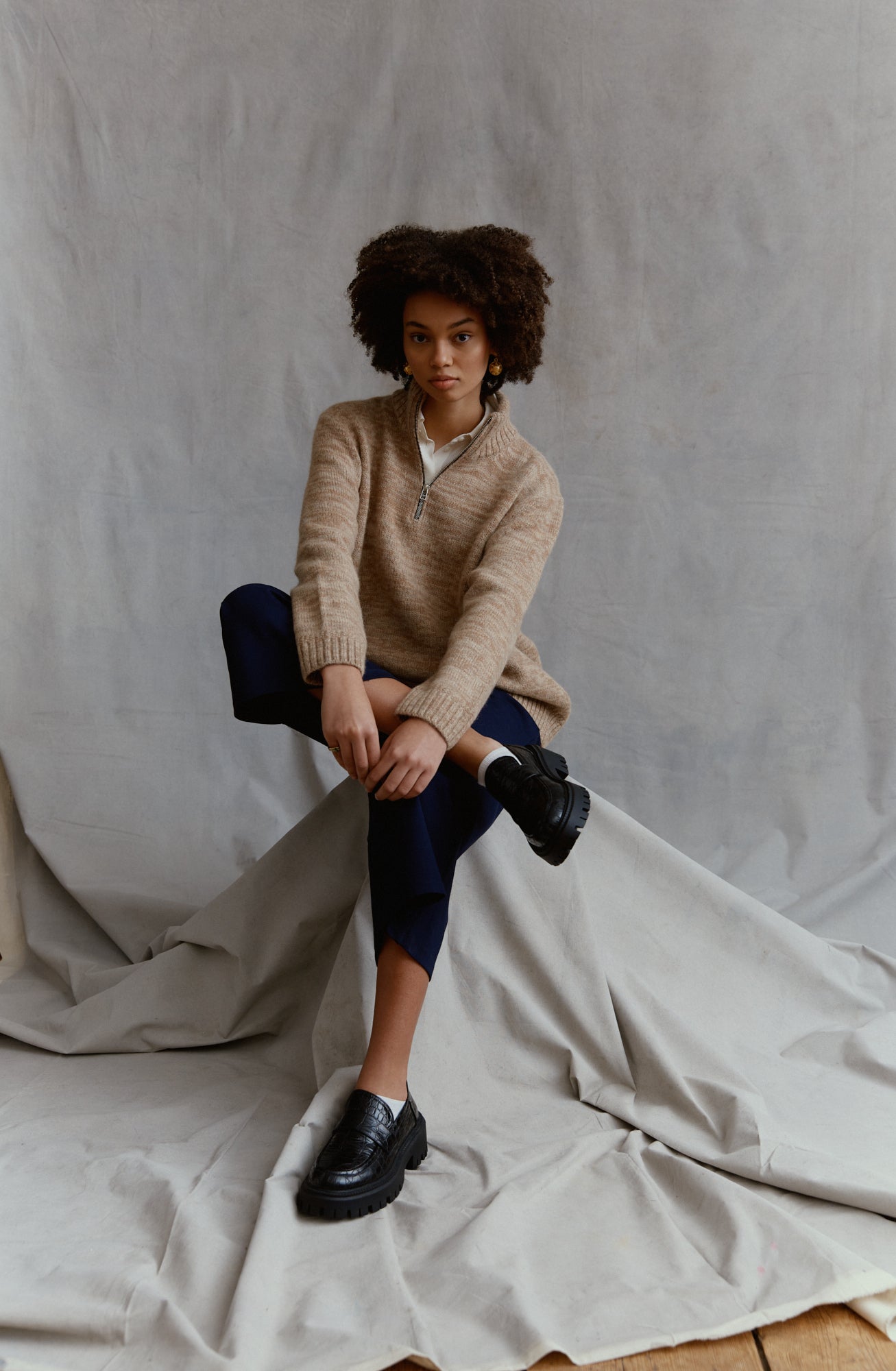 Troyer high-neck sweater made of alpaca in beige