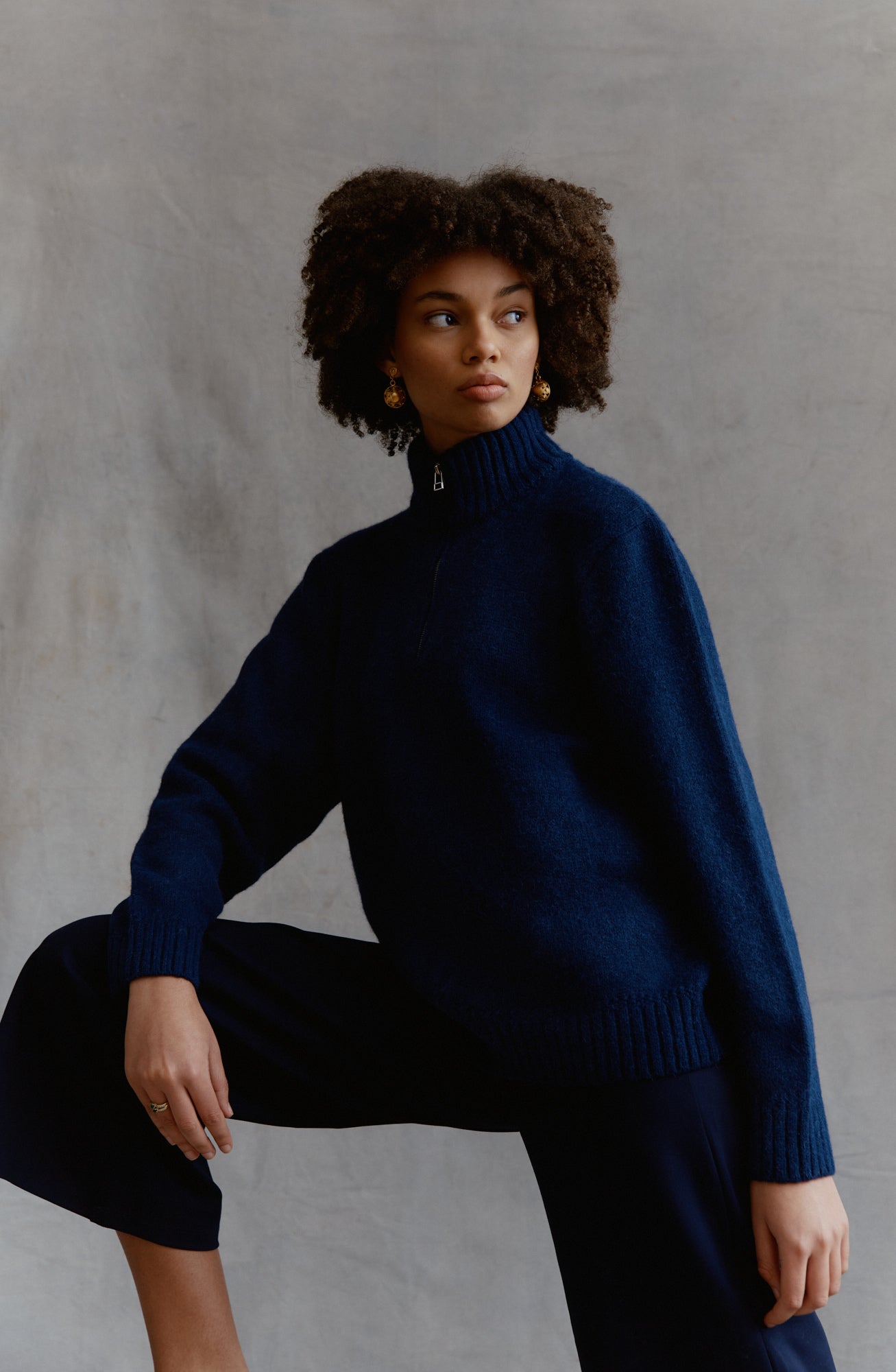 Troyer high-neck sweater made of alpaca in navy blue