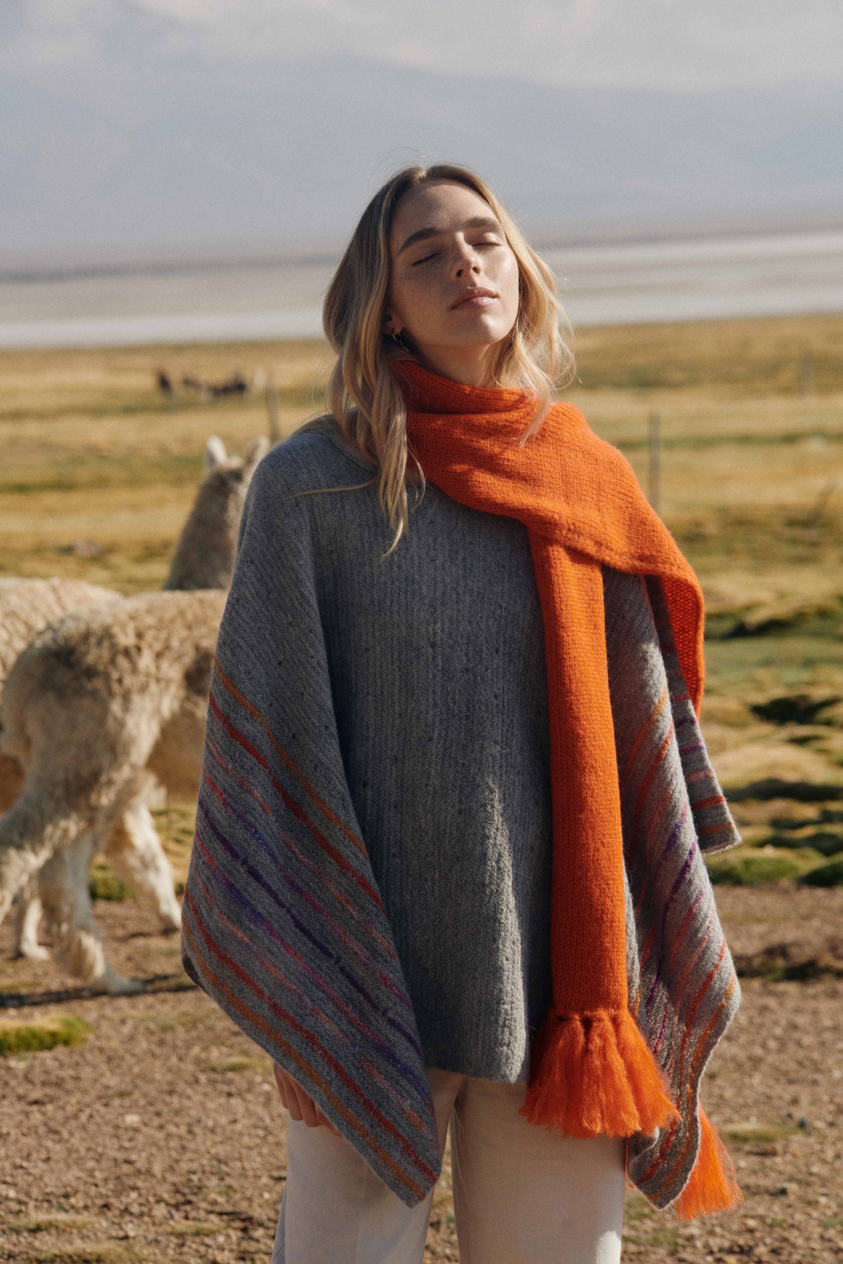Alpaca poncho with striped pattern
