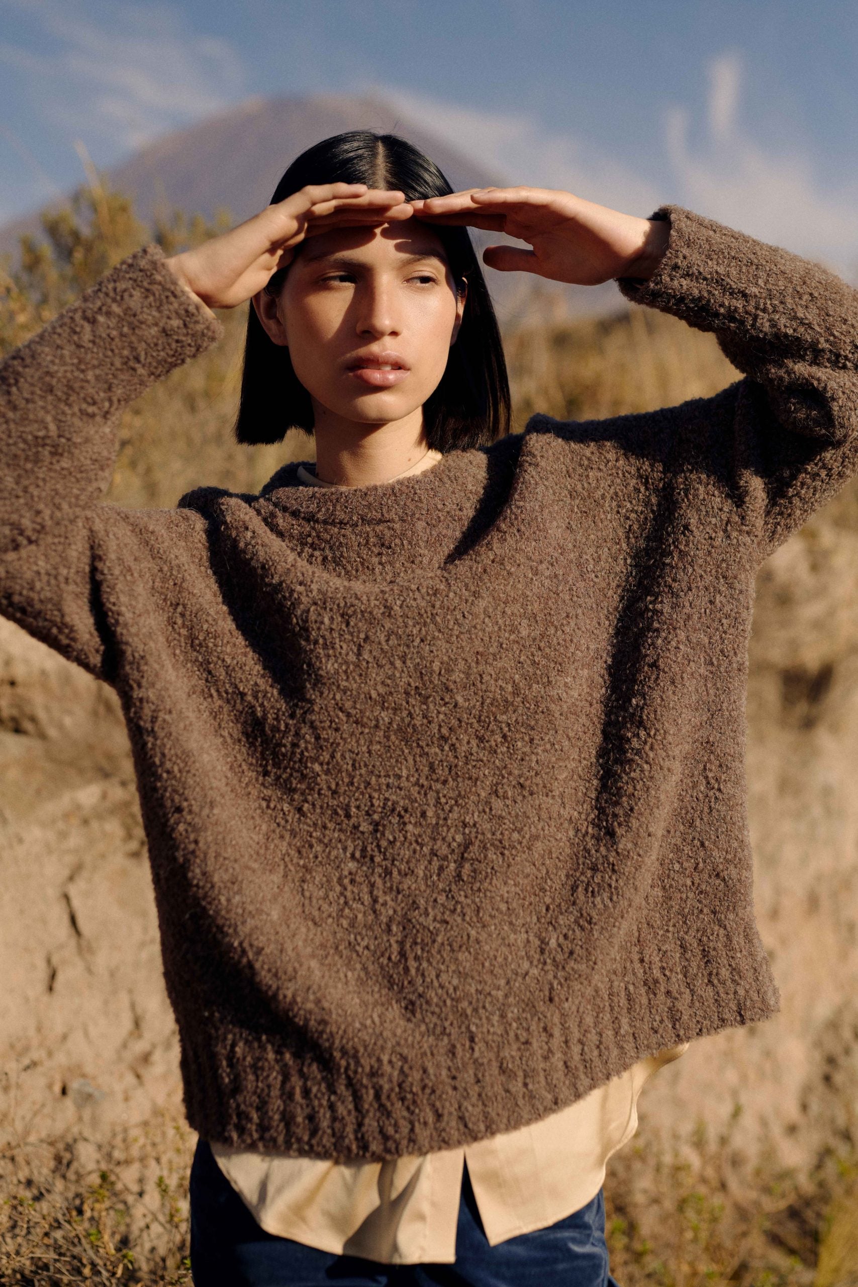 Damen Alpaka Bouclé Pullover in Braun