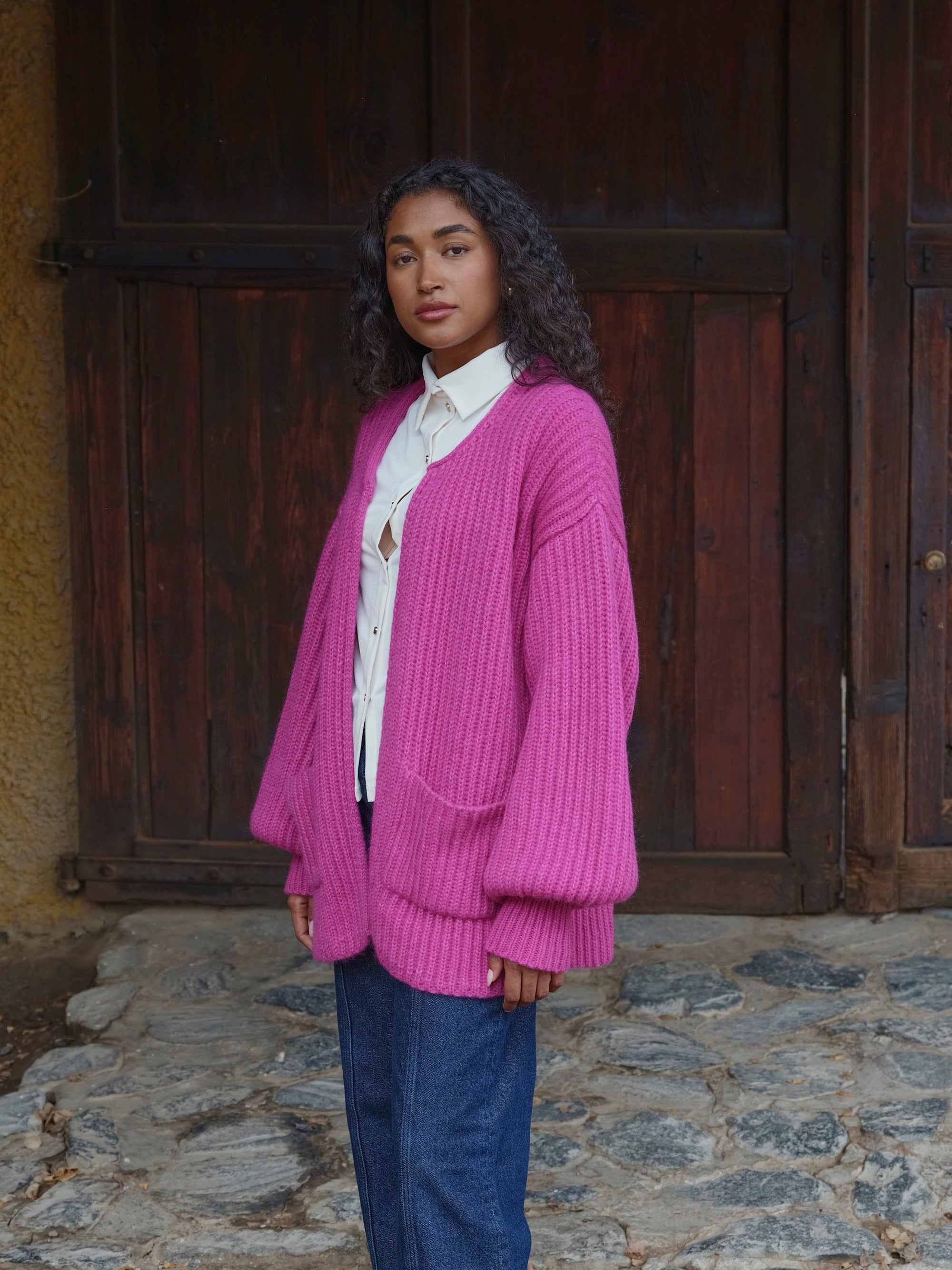 Baby Alpaka  offene Strickjacke Tinki von Manuela Bedford in Fuchsia