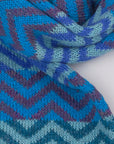 Detail des Alpaka-Schals ZigZag in Türkis mit Zickzackmuster in Blau-, Türkis- und Violetttönen.