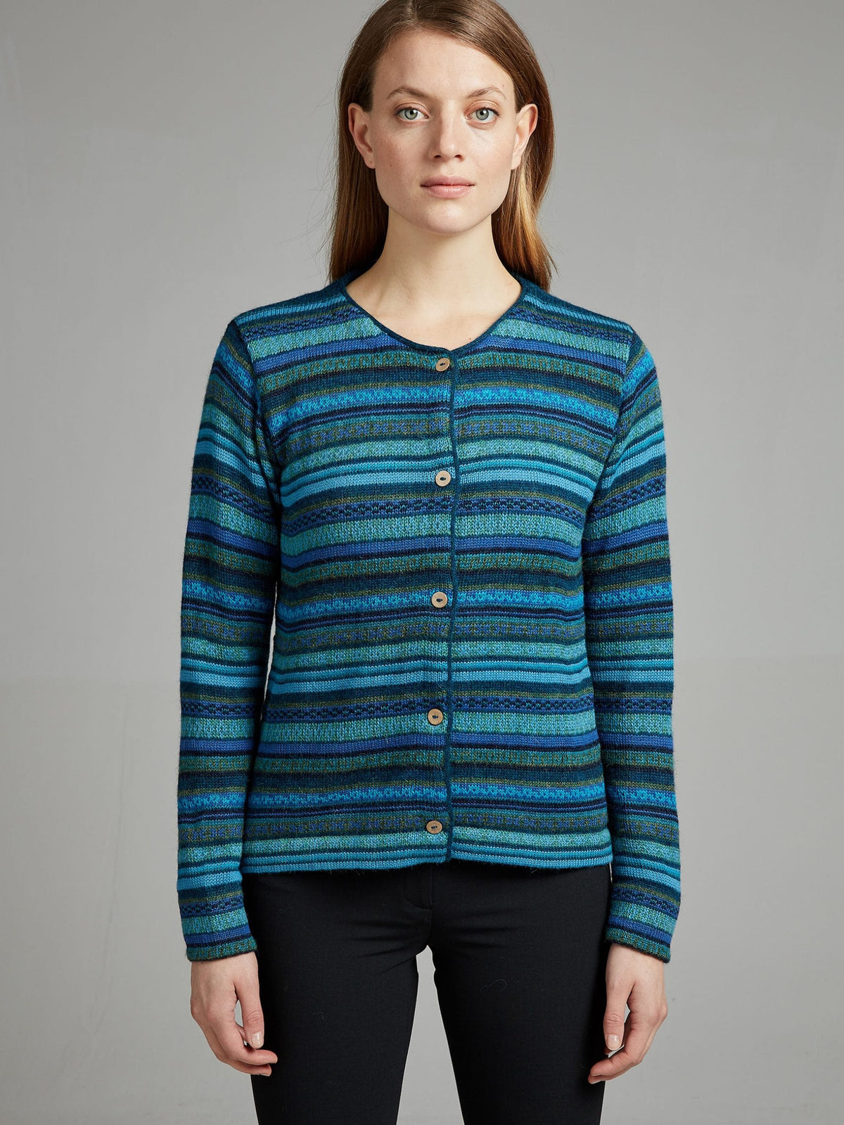 Türkise Rayas Alpaka Strickjacke Detailansicht
